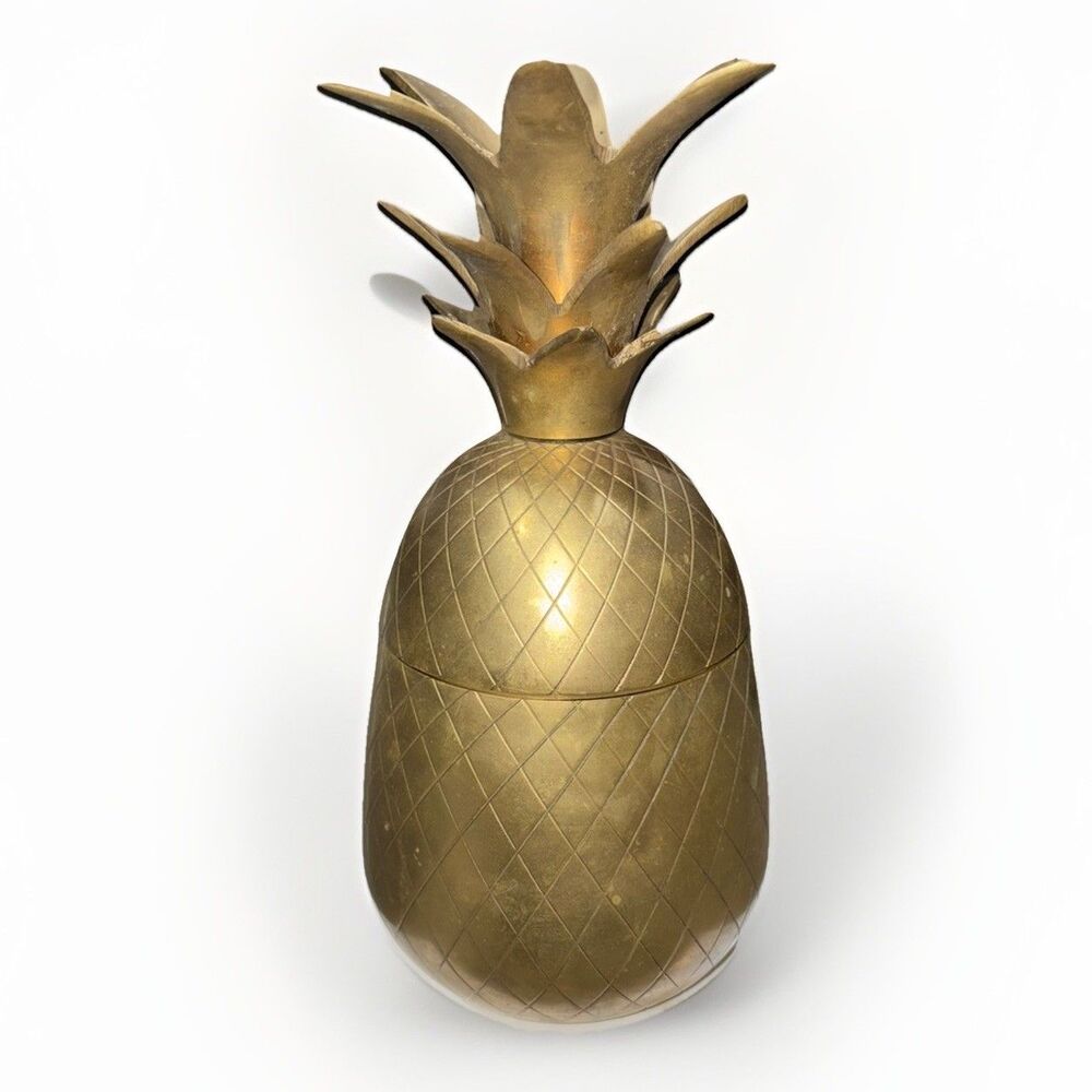 Vintage Solid Brass Pineapple Jar, Trinket, Container Canister 9.5” Tall